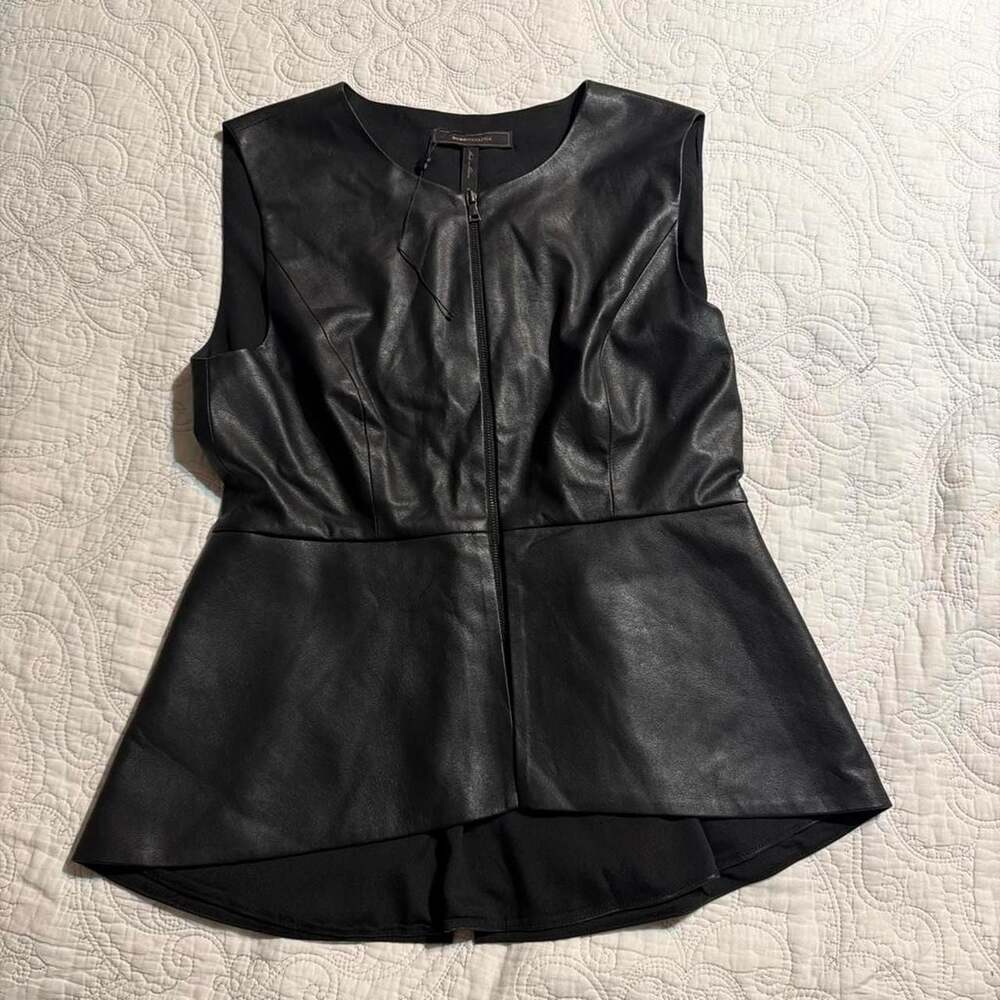 BCBGMAXAZRIA Black Faux Leather Peplum Zip Front Vest Top